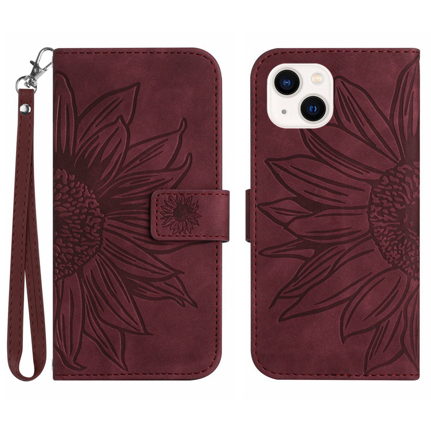 HT04 til iPhone 15 Plus Anti-drop telefon læder pung etui Solsikke mønster stativ cover med håndstrop HT04 til iPhone 15 Plus Anti-drop telefon læder pung etui Solsikke mønster stativ cover med håndstrop